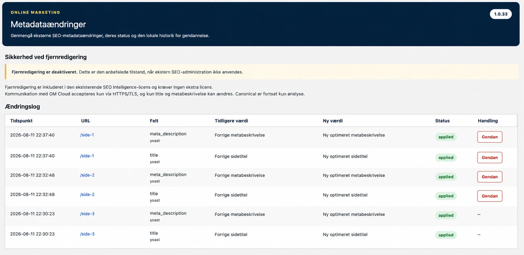 Anonymiseret ændringslog for SEO-metadata